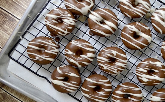 mini chocolate donuts with zebra glaze