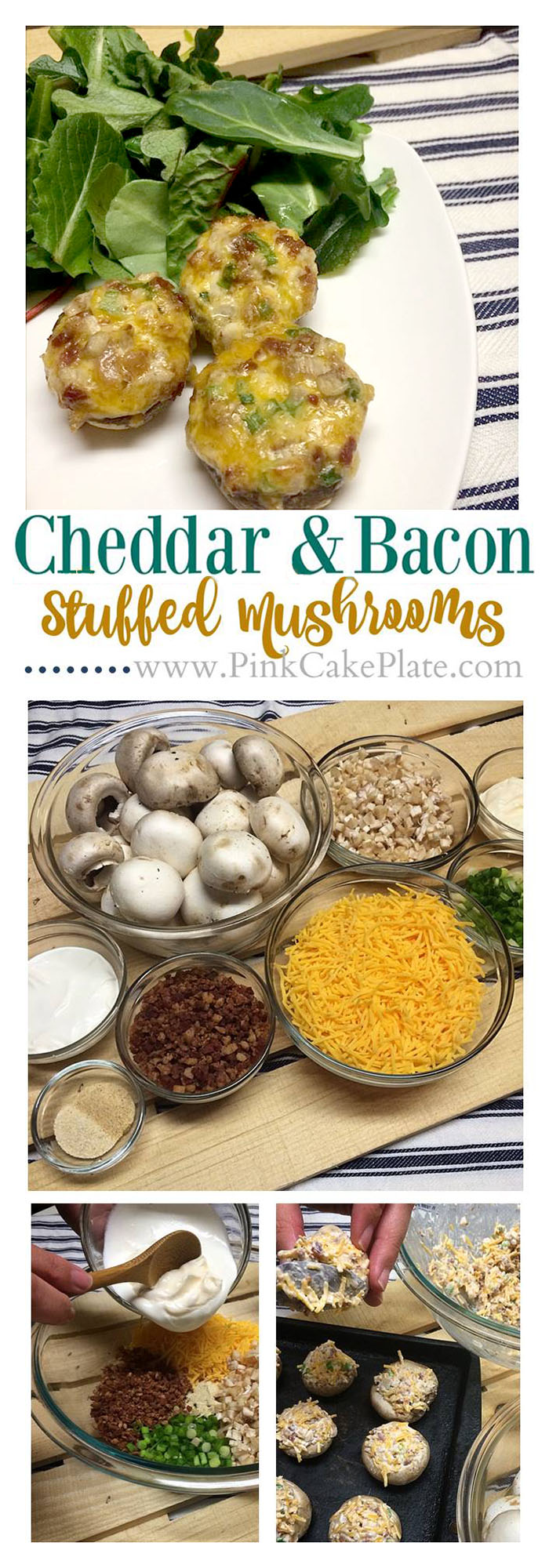 Game Day Cheddar Bacon Stuffed Mushrooms - Pink Cake Plate