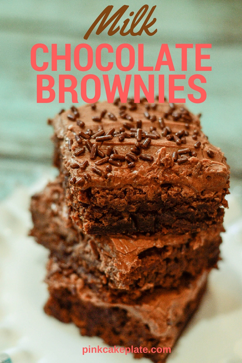 These Milk Chocolate Brownies are the most delicious brownies! Topped with chocolate buttercream frosting makes them irresistible. Recipe at Pinkcakeplate.com
