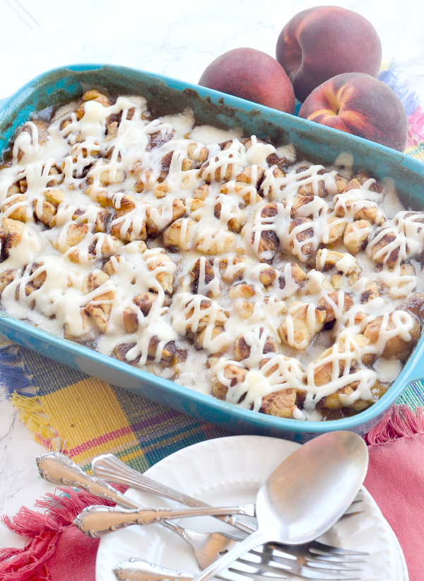 Simple Cinnamon Roll Peach Cobbler  Pink Cake Plate