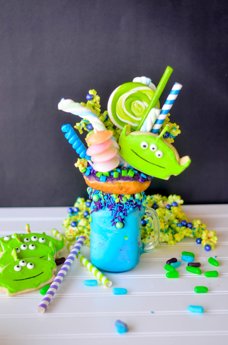 I was so excited when a few of us decided to have a Pixar Fest inspired Freak Shake Blog Hop! One of my favorite Pixar characters is the Little Green Alien from Toy Story so I had to make this Toy Story Green Alien Freak Shake.