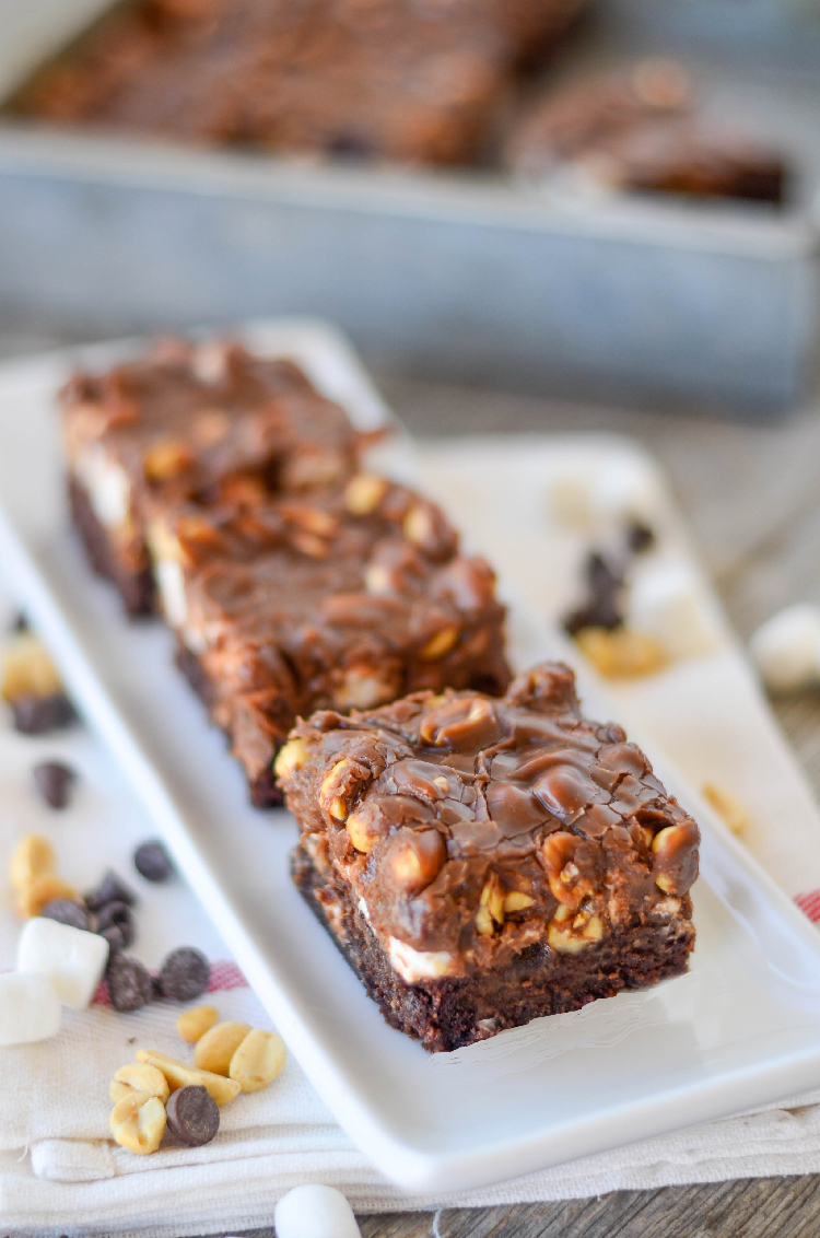 Rocky Road Brownies with peanuts, marshmallows and chocolate chips