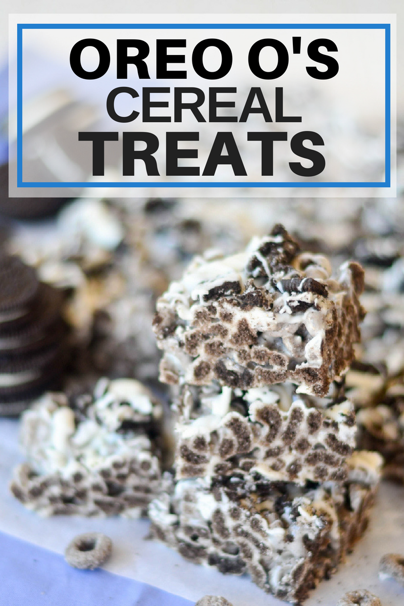 Oreo O’s Cereal Treats with Oreo cookies in background.