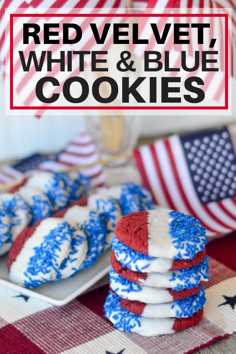 Red Velvet, White and Blue Cookies stacked and on white plate