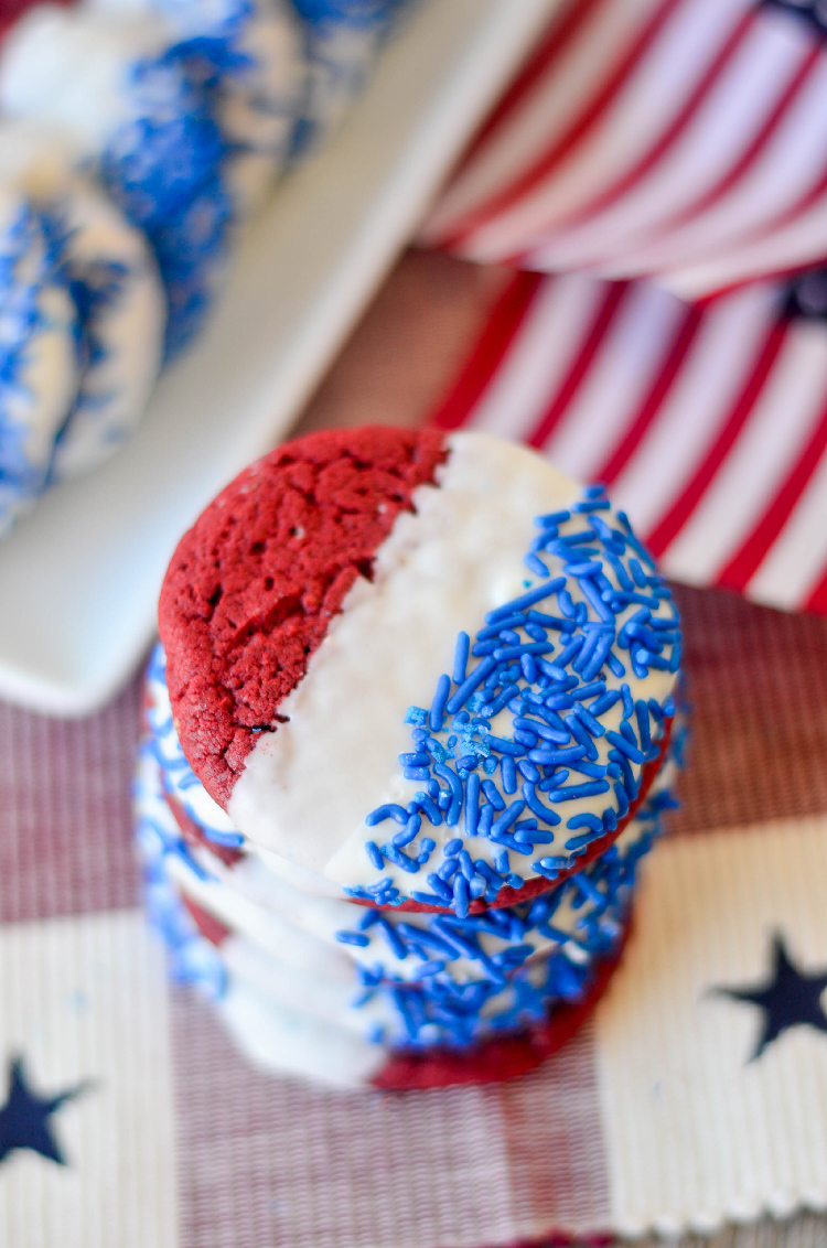Red Velvet, white and blue cookies stacked