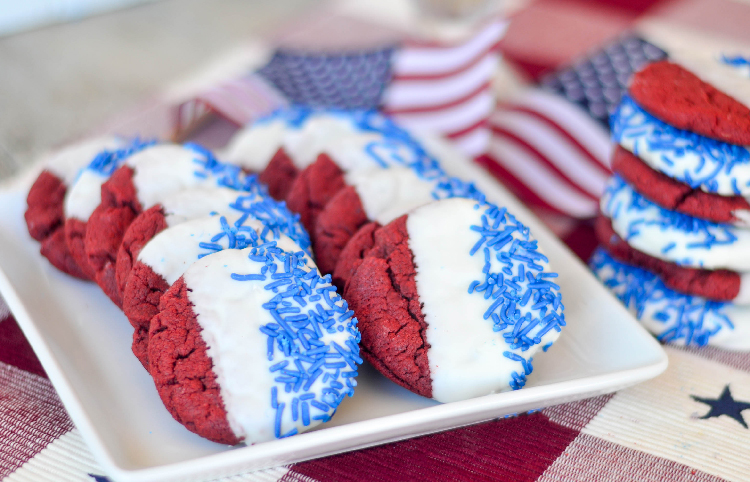 Red Velvet, White and blue cookies on white plate