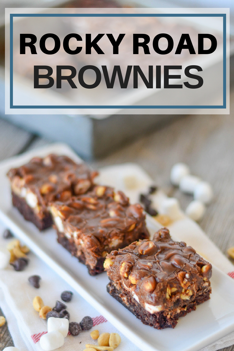 3 Rocky Road Brownies on white plate. The tender marshmallows, crunchy peanuts and smooth creamy fudgy frosting take these brownies over the top. 