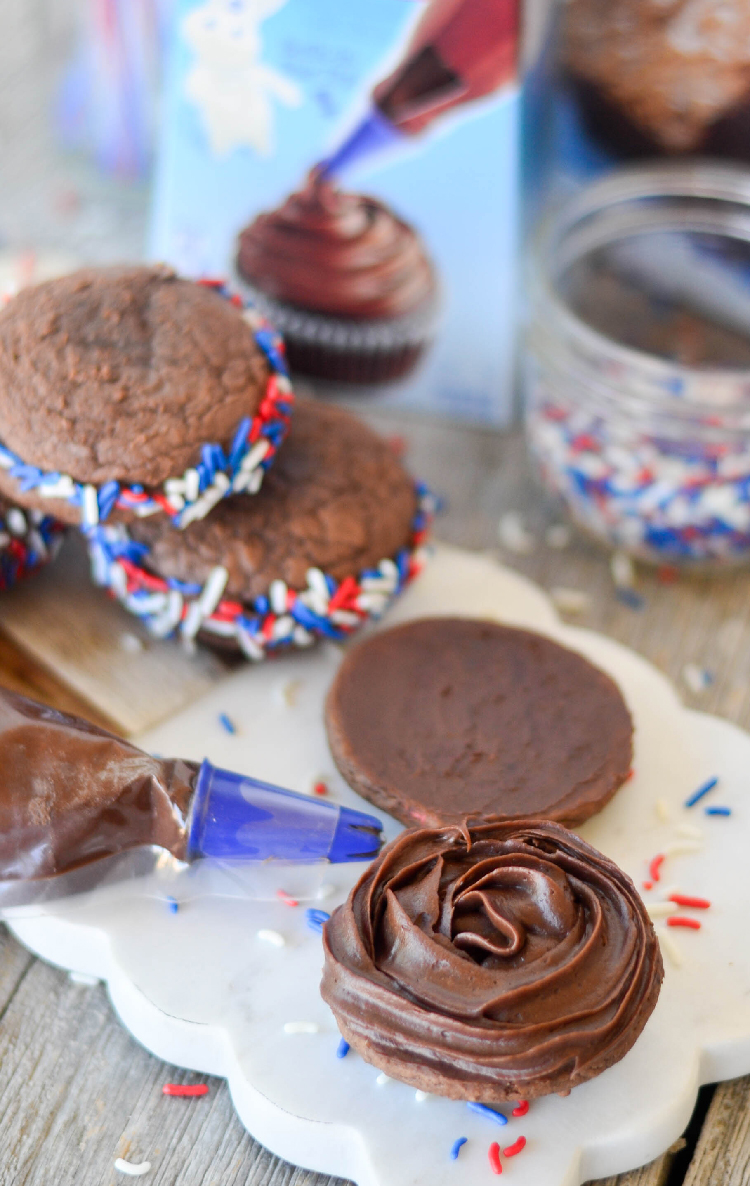 Easy Whoopie Pie open showing swirls of chocolate frosting.