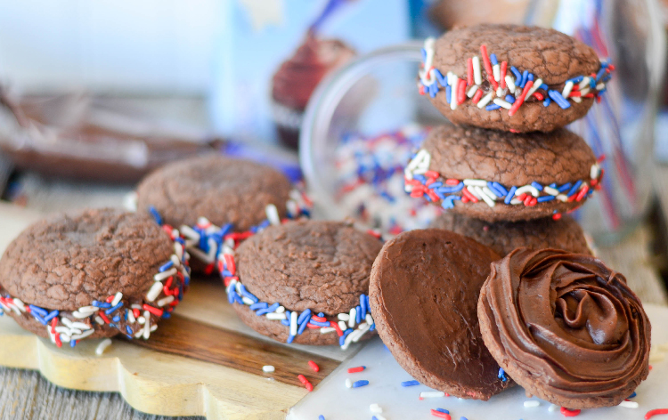 Easy whoopie Pies on a marble and wood cutting board